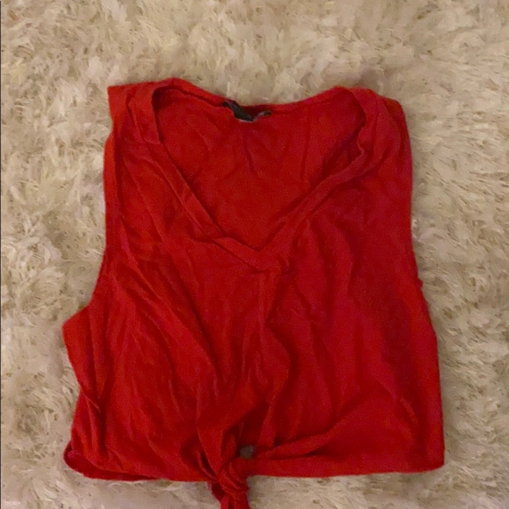Red crop tie knot top.